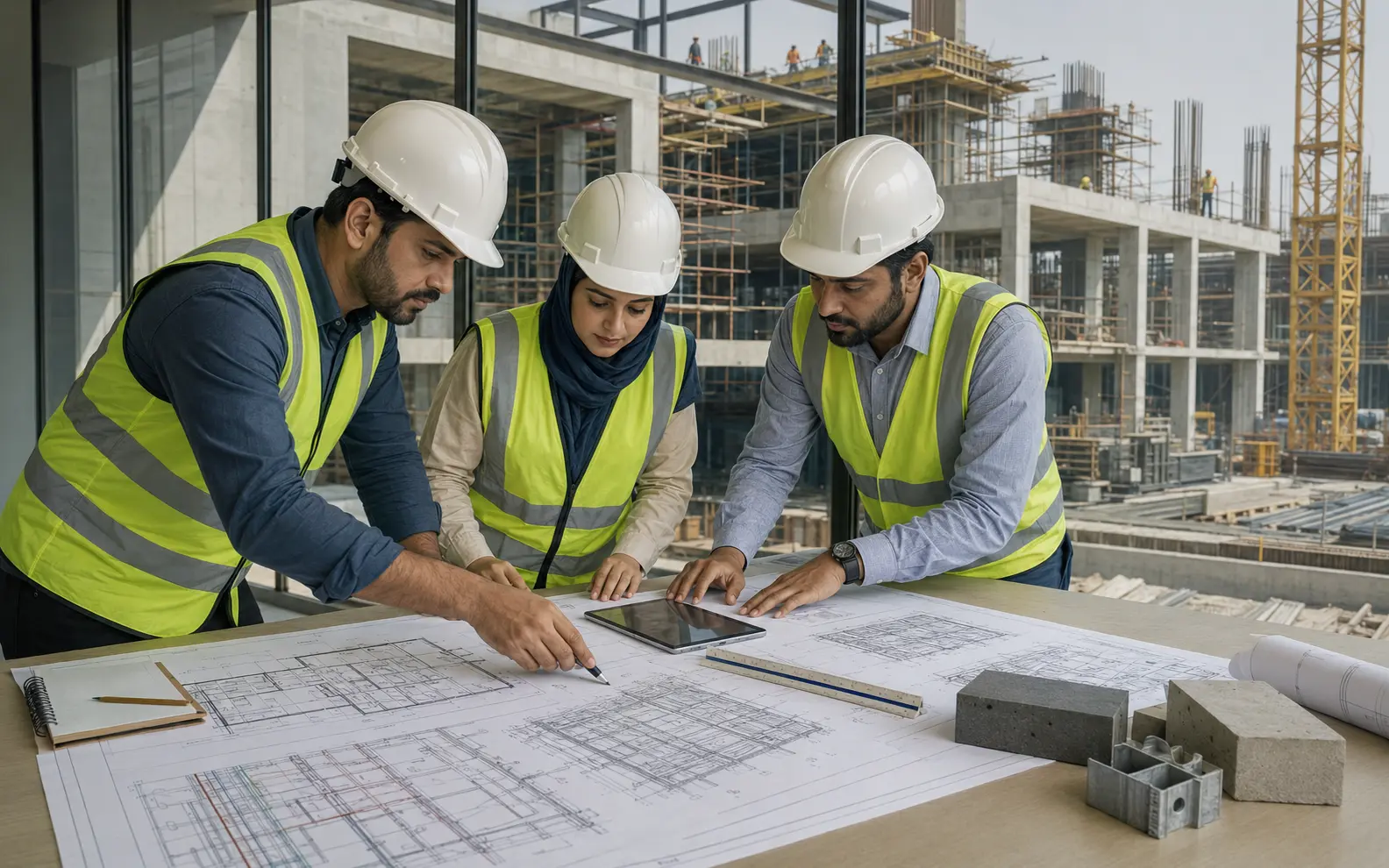 Engineering consultants reviewing coordinated project drawings beside a construction site