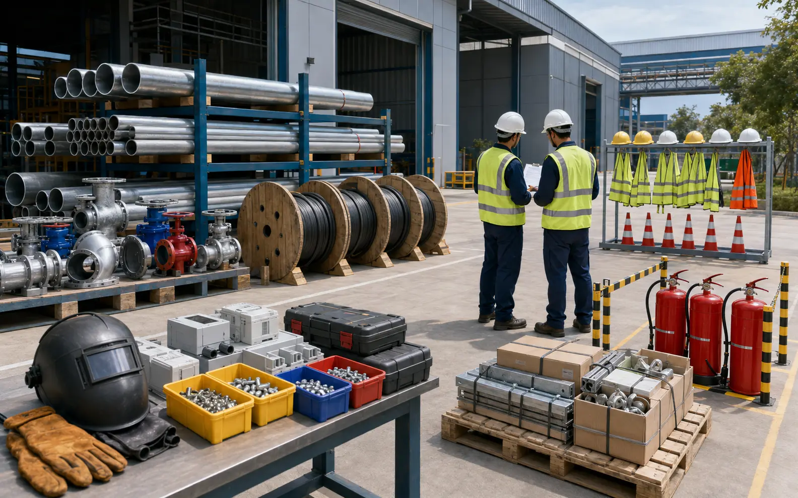 Organized industrial supply inspection with pipes, valves, cables, PPE, tools and fire-safety equipment